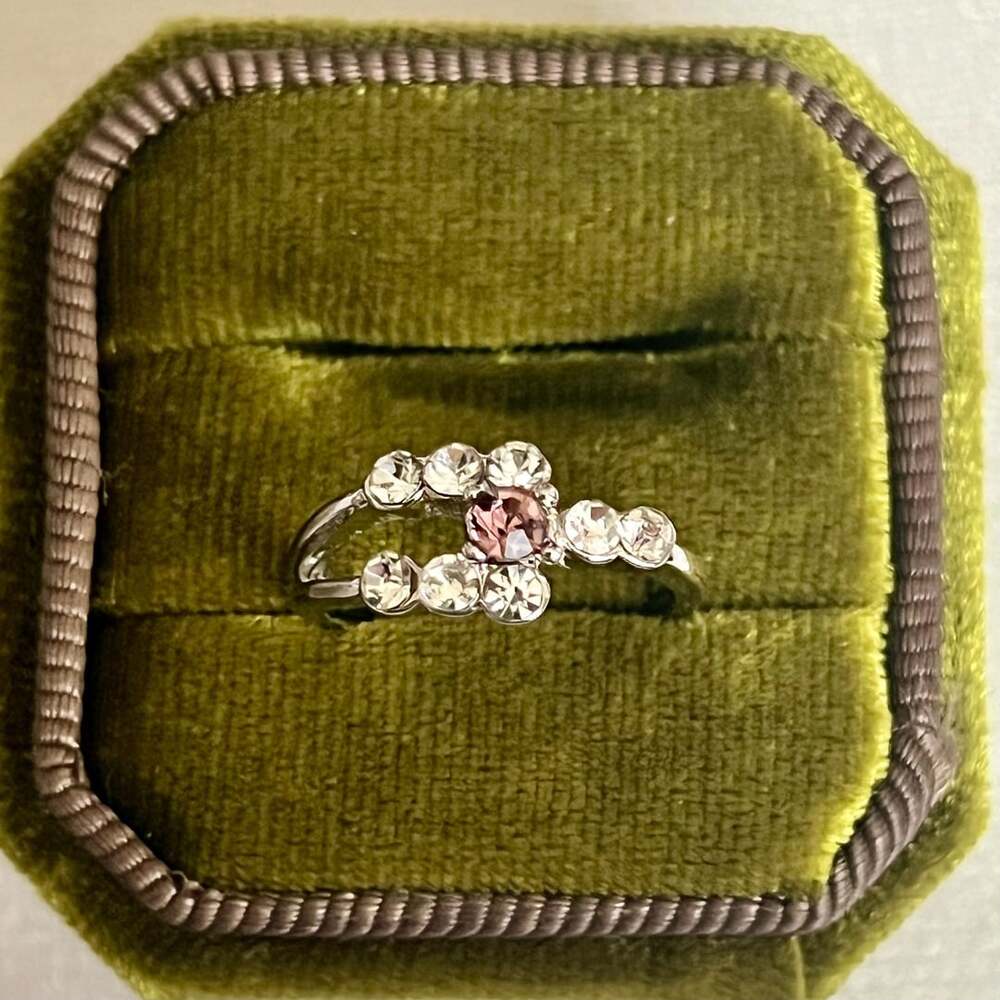 Pink Tourmaline and Diamond Cluster Ring Titanium Steel Silver Size 6